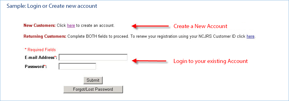 Screenshot of Account Login page directs users to create a new NCJRS Account or Login with your existing account