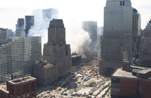 Photo of New York City financial district smoldering after 9/11.