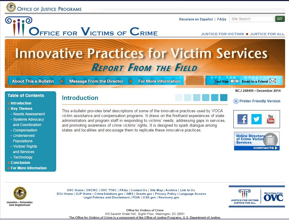 screenshot of e-Bulletin landing page (Innovative Practices for Victim Services: Report From the Field)